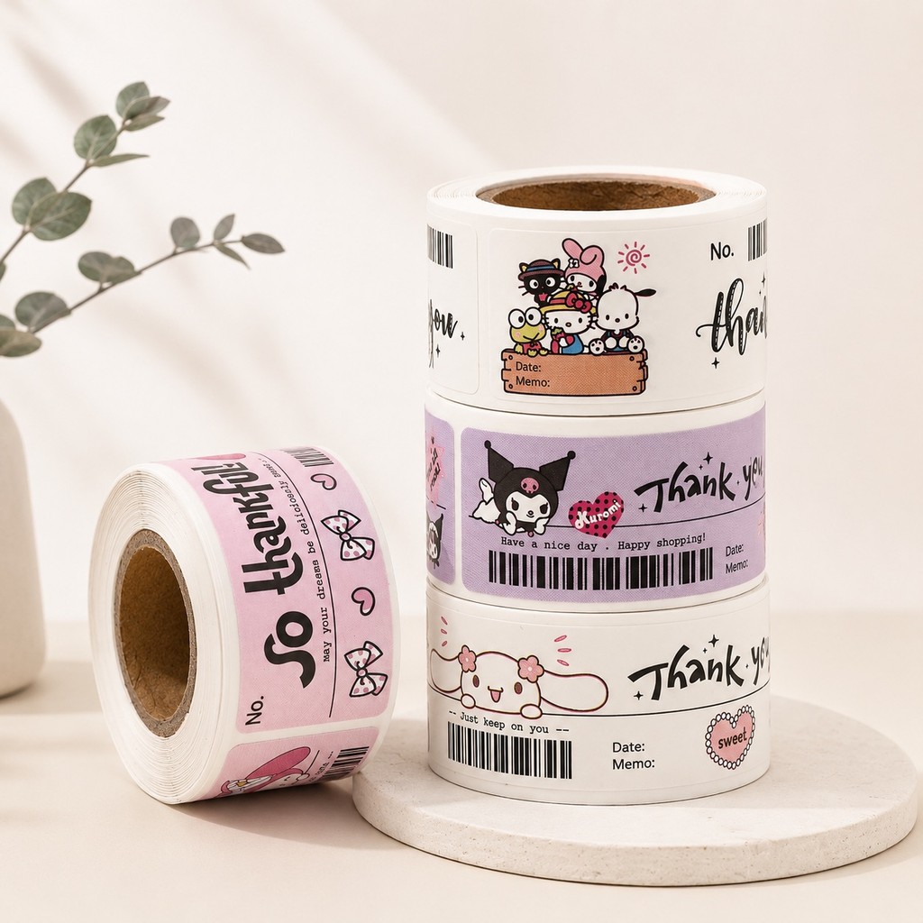สติ๊กเกอร์ Thank You Sanrio กันน้ำ 3x1 นิ้ว แบบม้วน (120 ดวง)