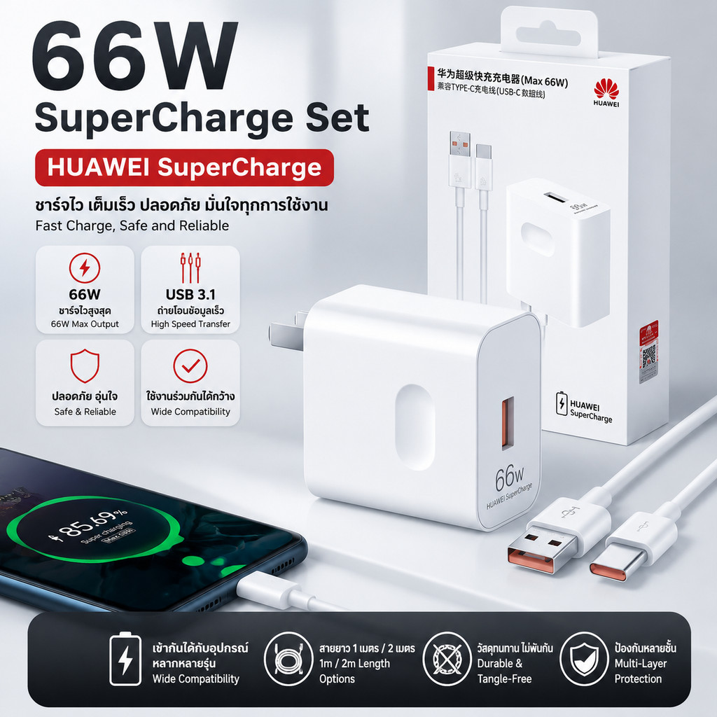 ชุดชาร์จเร็ว 66W USB-C Type-C สำหรับ Huawei หัวชาร์จ+สาย 6A SuperCharge ซิงค์ข้อมูลไว สาย TPE ไม่พันกัน พร้อมส่งไทย
