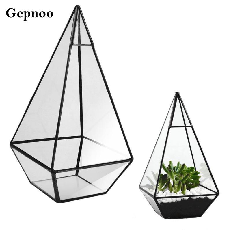[Gepnoo] พีระมิดแก้วเรขาคณิต Terrarium กล่องโต๊ะ Succulent Planter สีดํา