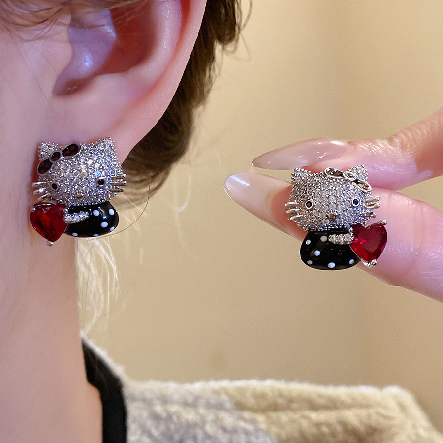 [Hello Kitty] ต่างหูแหวนเพชร เพชรสังเคราะห์รูปหัวใจแดง น่ารักทุกวัน ของขวัญแฟชั่นเครื่องประดับ