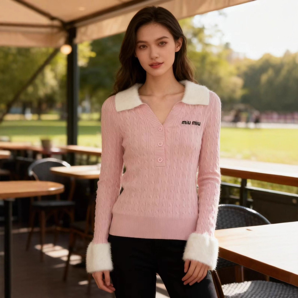 SJ79 MIUMIU Autumn Winter New Style Turn-down Collar Embroidered Letter Patchwork Sleeve Base Shirt 