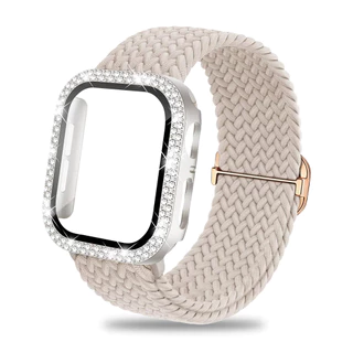 Bling Diamond Glass Screen case + สายไนลอนสําหรับ Apple watch 46/42/45/41 มม.44 มม.40 มม.Series 11 10 9 8 7 6 5 4 SE