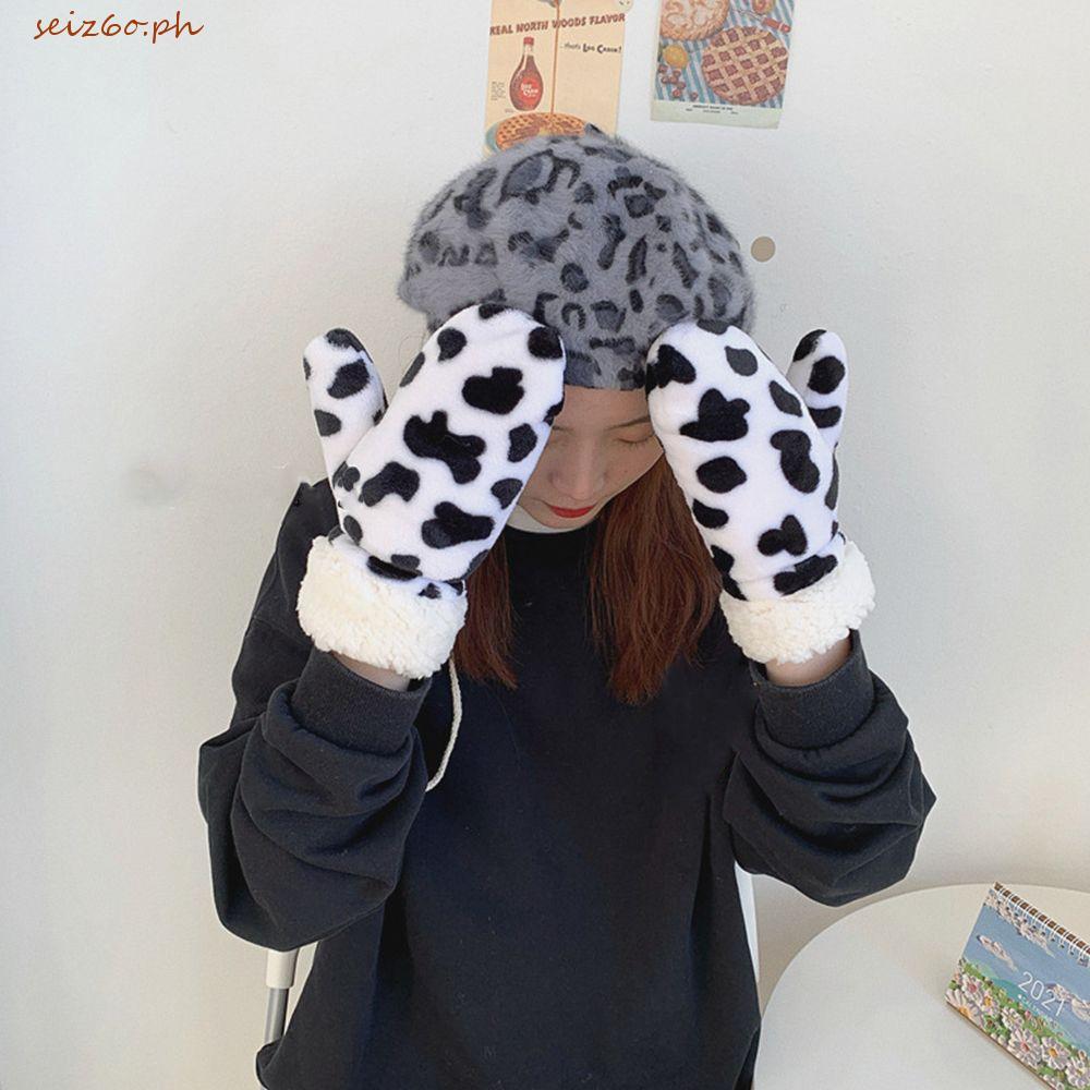 SEIZ6O ผู้หญิง Halter ถุงมือนุ่มน่ารักลายเสือดาว Plus กํามะหยี่ผู้ชายฤดูหนาวและฤดูใบไม้ร่วง Full Fin