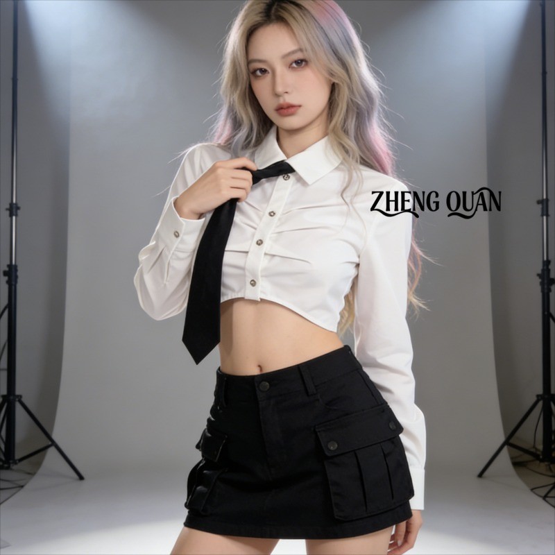 Y2K Cool Girl สีดํา Tie Preppy สไตล์เนคไทขี้เกียจซิปสวมใส่ Kpop ldol เวทีชุดอุปกรณ์เสริม