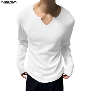 INCERUN ผู้ชาย Korean โคซี้ ยืด แขนยาว สีทึบ ทรงหลวม เหมาะสำ…