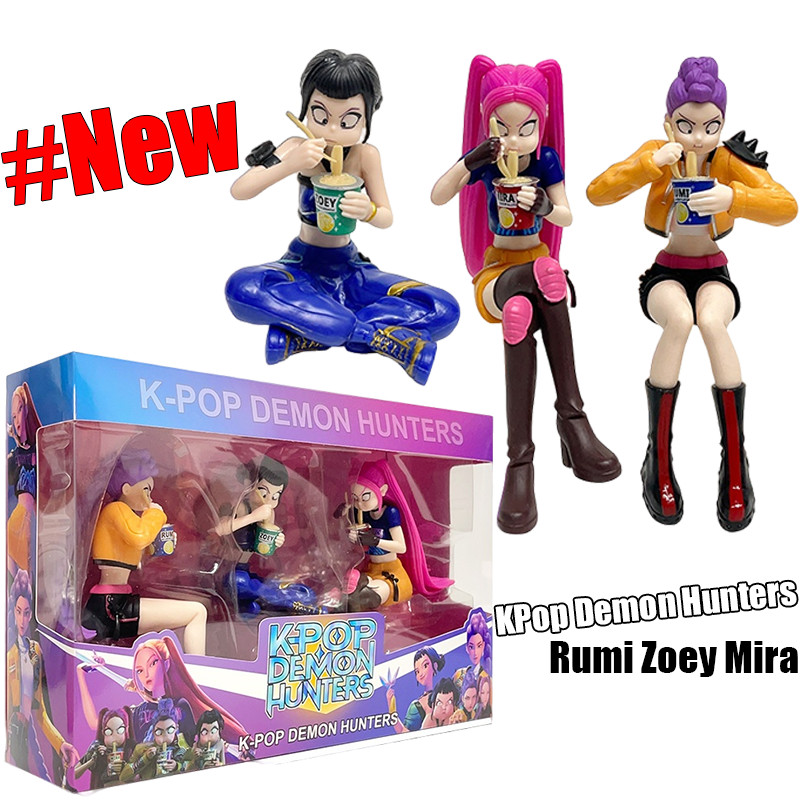 3 ชิ้นชุด KPop Demon Hunters Action Figure Rumi Zoey Mira กินบะหมี่กึ่งสําเร็จรูปท่านั่งรุ่น 14 ซม.ของขวัญกล่องรุ่นคอลเลกชันของเล่นของขวัญ