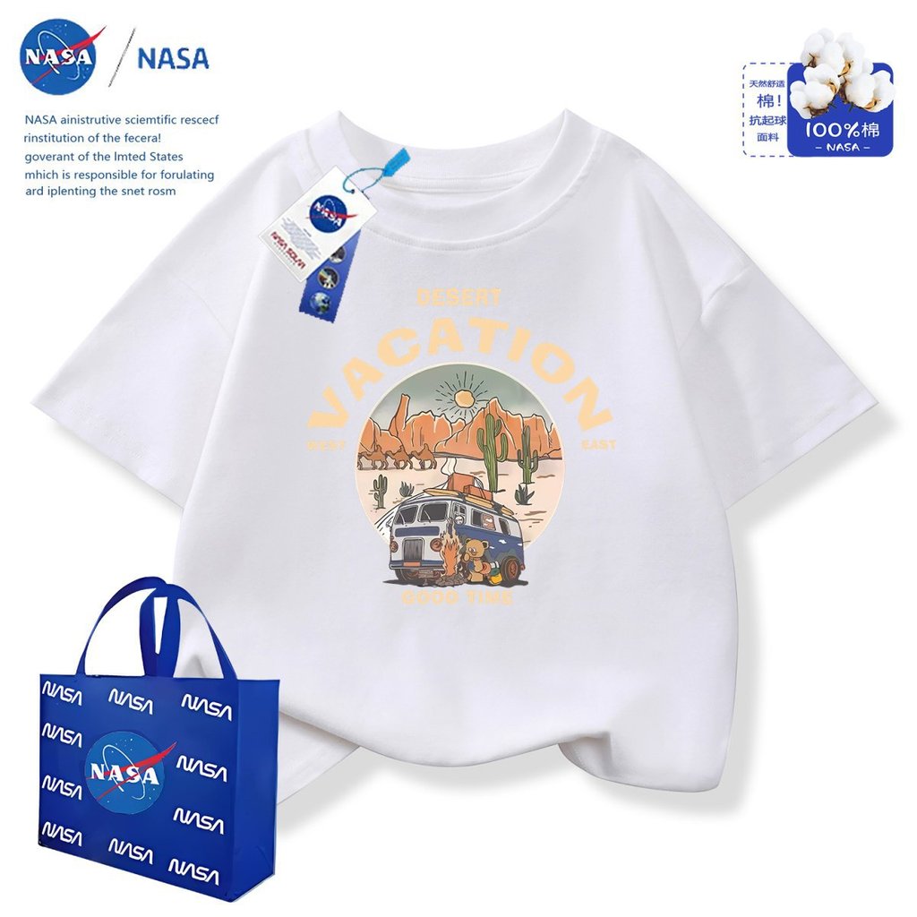 2026NASA Joint Travel Bear เสื้อยืดแขนสั้นขายร้อนเสื้อผ้าฤดูร้อนเด็กชายผ้าฝ้ายแท้แฟชั่นฤดูร้อนเด็กคร