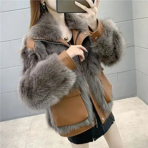 Faux Fox Fur Fur Coat ผู้หญิงเกาหลีรุ่นสั้นแฟชั่นขนสัตว์ชิ้นเดียว Top
