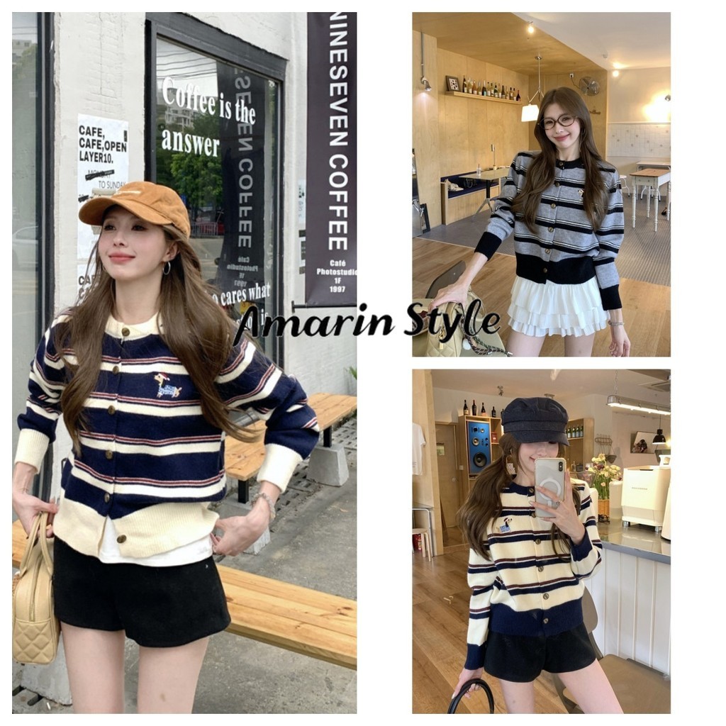 Amarin พร้อมส่ง 【เสื้อไหมพรมนุ่มนวล】 แขนยาวคอกลม ลายทางสไตล์เกาหลี ใส่สบาย กันลมเบาๆ ใส่ได้ทุกวัน Z-F111