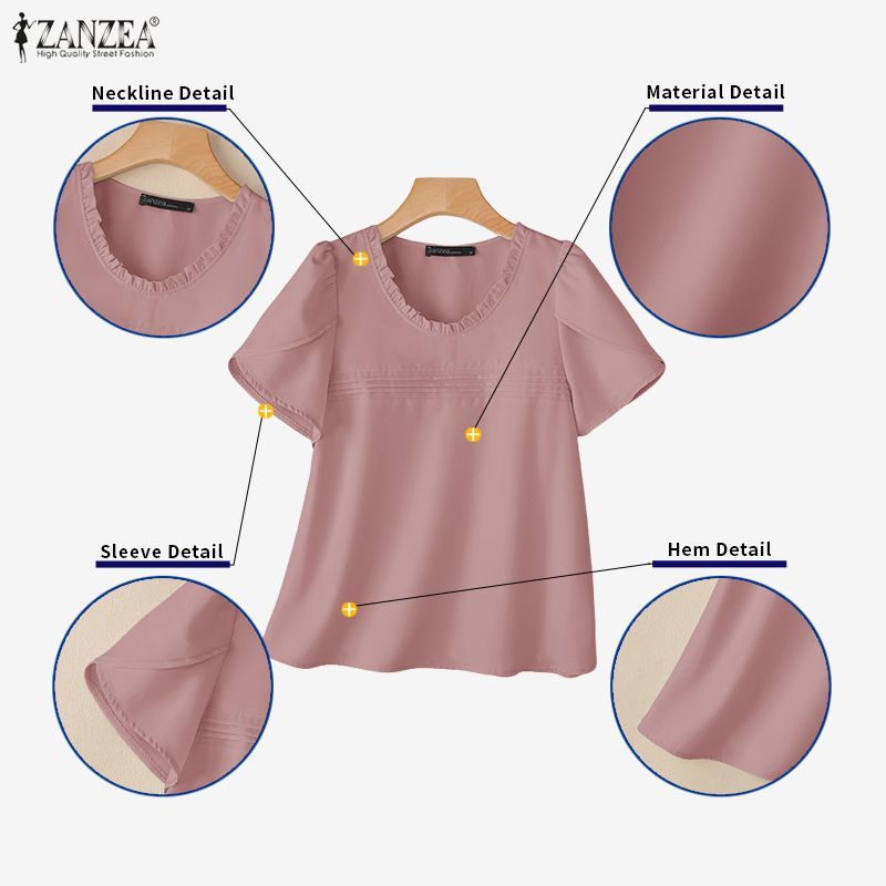 ZANZEA เสื้อเบลาส์สไตล์เกาหลี อ่อนโยนและหวาน มีขอบคอลกรุบๆ และแขนพองแบบริฟเฟิล — صورة 7
