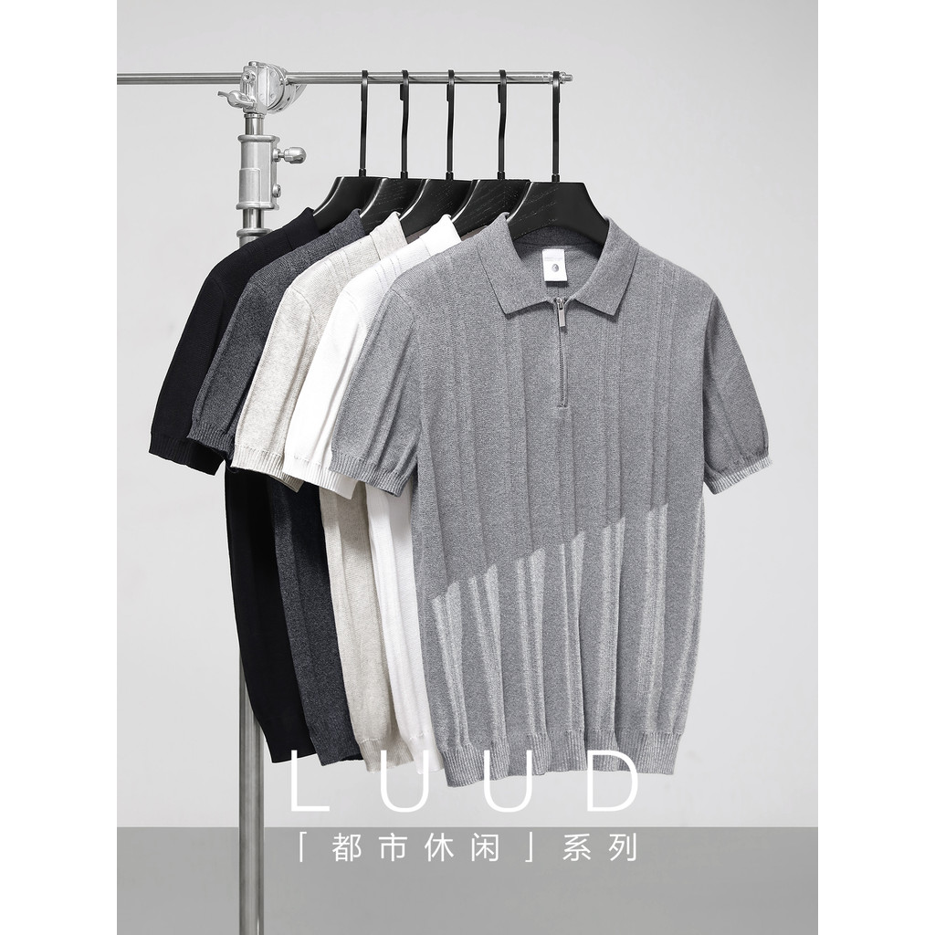 เสื้อโปโลแขนสั้นผู้ชาย สไตล์อิตาเลียนเรโทร Jacquard ทอลาย พิมพ์Breathable ดีไซน์คลุมกระดุมซิป