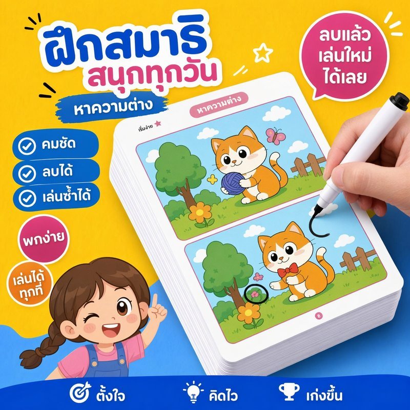 เกมหาความแตกต่าง ฝึกสมาธิ พัฒนาสติปัญญา ของเล่นเสริมพัฒนาการ เด็ก 64 หน้า กระดาษแข็ง ระดับความยาก 3