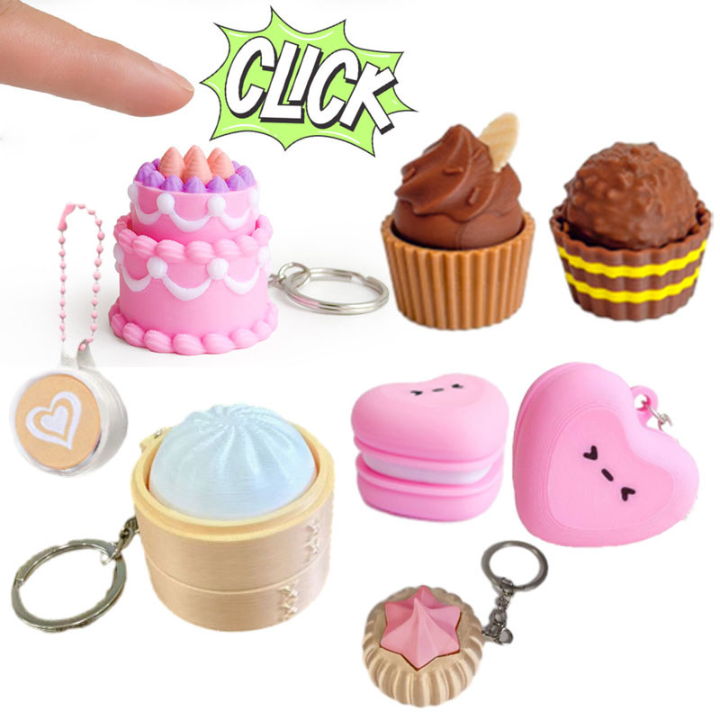 น่ารัก Macaron Clicker พวงกุญแจ CLICK ET 3D พิมพ์ Fidget ของเล่นความเครียดบรรเทากาแฟเค้ก Dumpling จี้รุ่น