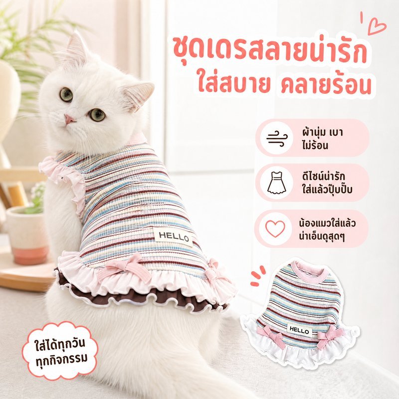 เสื้อผ้าสัตว์เลี้ยง ลายทาง เสื้อหมา เสื้อแมว ชุดหน้าร้อน ระบายอากาศ ใส่สบาย น่ารัก ถ่ายรูป