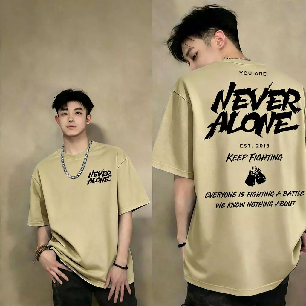 Basi💥เสื้อแฟชั่น เสื้อยืด oversize ผ้าฝ้าย100% แนวสตรีท ไม่ต้องรีดผ้า สวมใส่สบาย ผ้านิ่ม ลาย "NEVER ALONE"