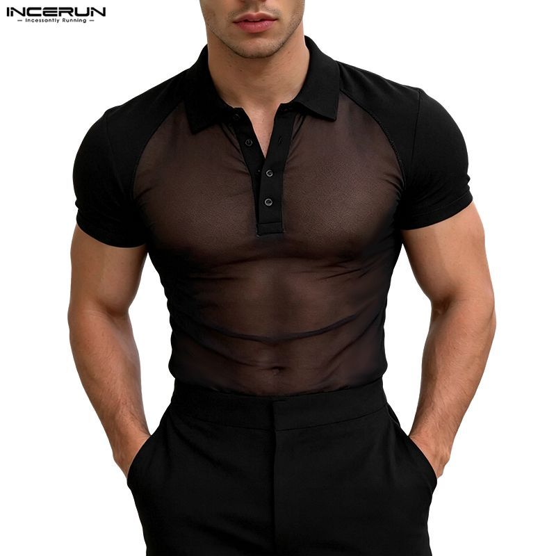 INCERUN Men Vintage Business Casual See Through Short Sleeve Half-Button Mesh Splicing POLO Shirts