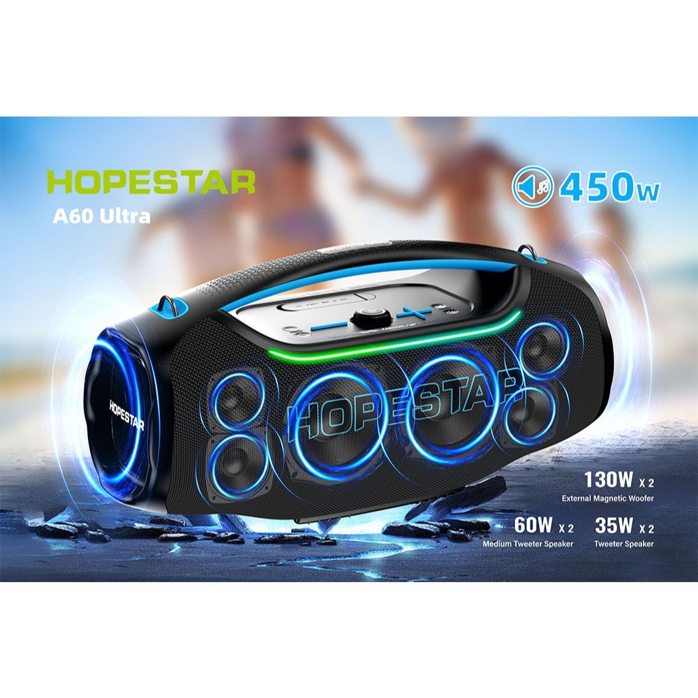 HOPESTAR A60 ULTRA ลำโพงบลูทูธ 450W ไมค์ลอย ตัว ลำโพง 6 ดอก มีไฟ RGB ปรับเบสได้ 3 โหมด กันน้ำ IPX610
