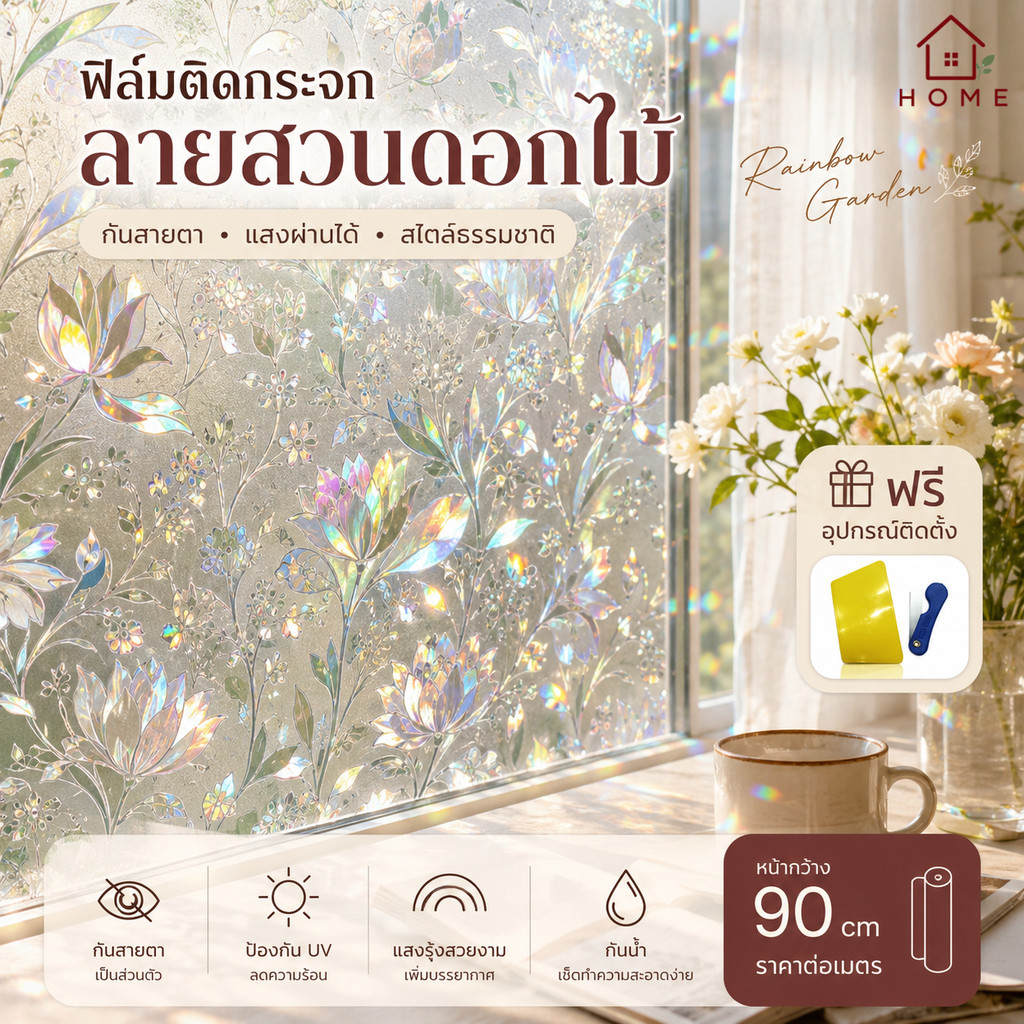 Home007 ฟิล์มติดกระจก ฟิล์มติดกระจกบ้าน ลายทิวลิป หน้ากว้าง90cm ราคาต่อเมตร ฟิล์มติดกระจกสูญญากาศ Window Film