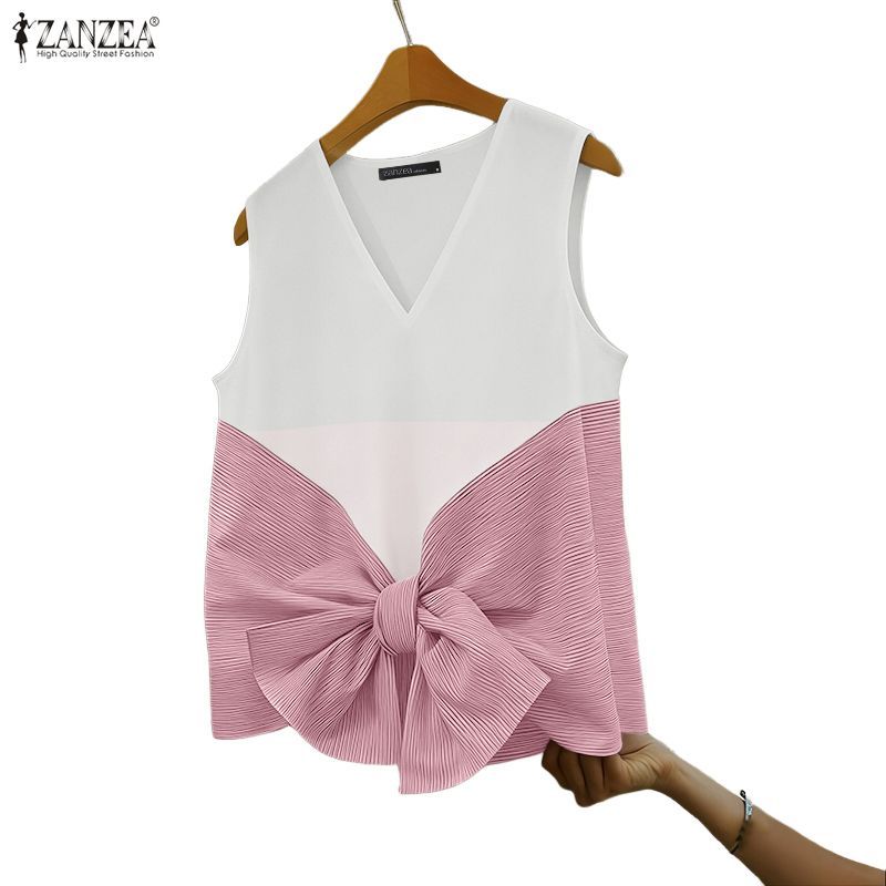 ZANZEA ผู้หญิงเกาหลีภาษาฝรั่งเศสคํา Elegant V คอ Bowknot ตกแต่งลาย Patchwork แขนกุดหลวมถัง