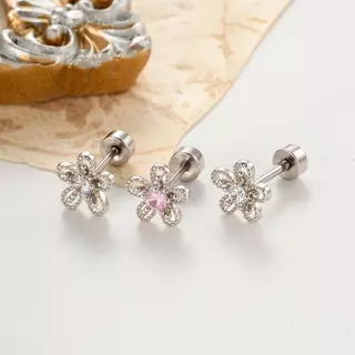 Jinjoo จิวต่างหู Lacy Blossom หนา 0.8 mm. ดีไซน์ดอกไม้ประดับพลอย สแตนเลส316