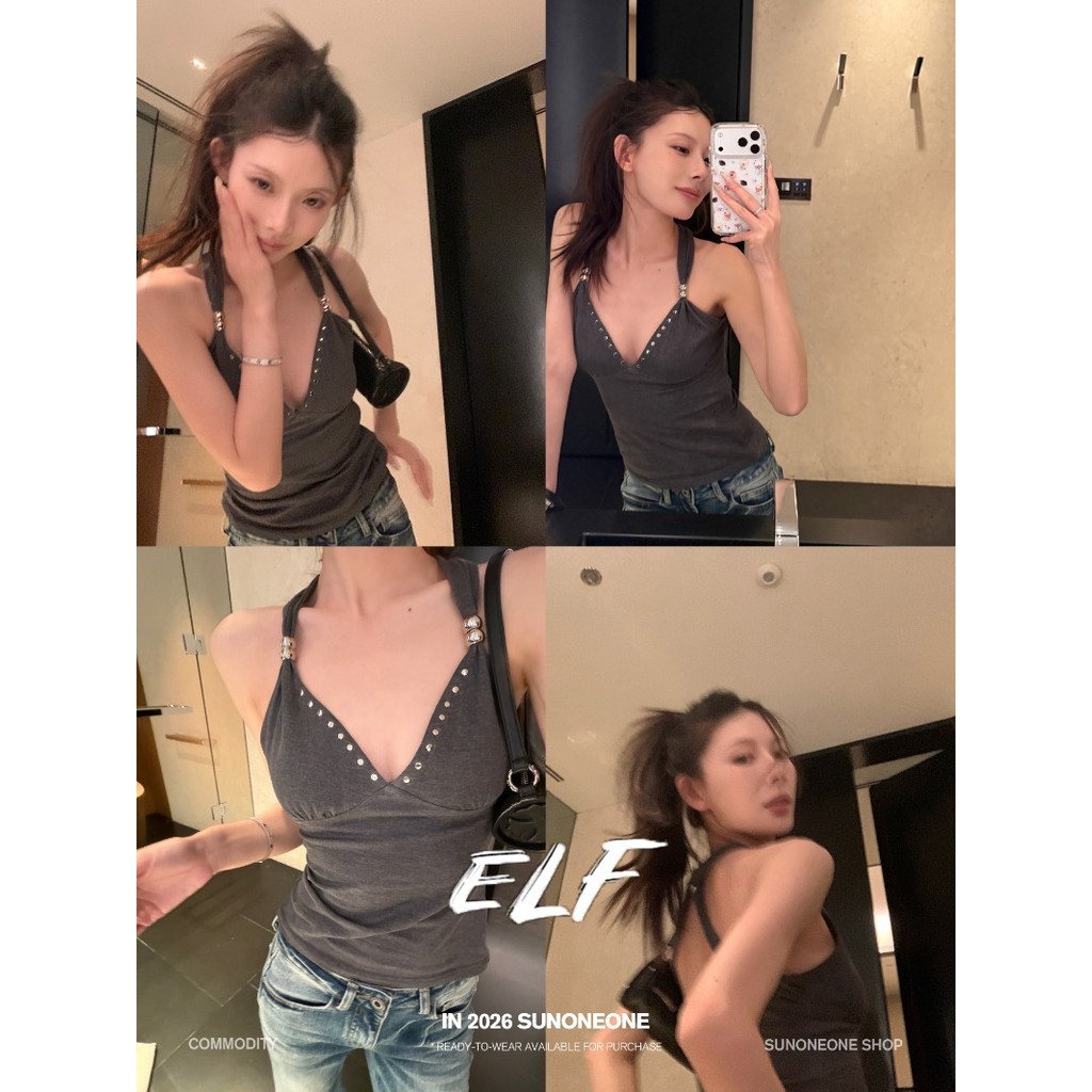 เสื้อสายเดี่ยวคอวีทรงสลิมฟิตแบบปรับได้เสื้อกล้ามคล้องคอฤดูร้อนบางด้านบน