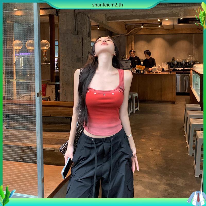 Red Gradient u-คอ Csole ผู้หญิง 2025 American Retro Hot Girl m-fit mmer ดูสั้นด้านบน 5.3