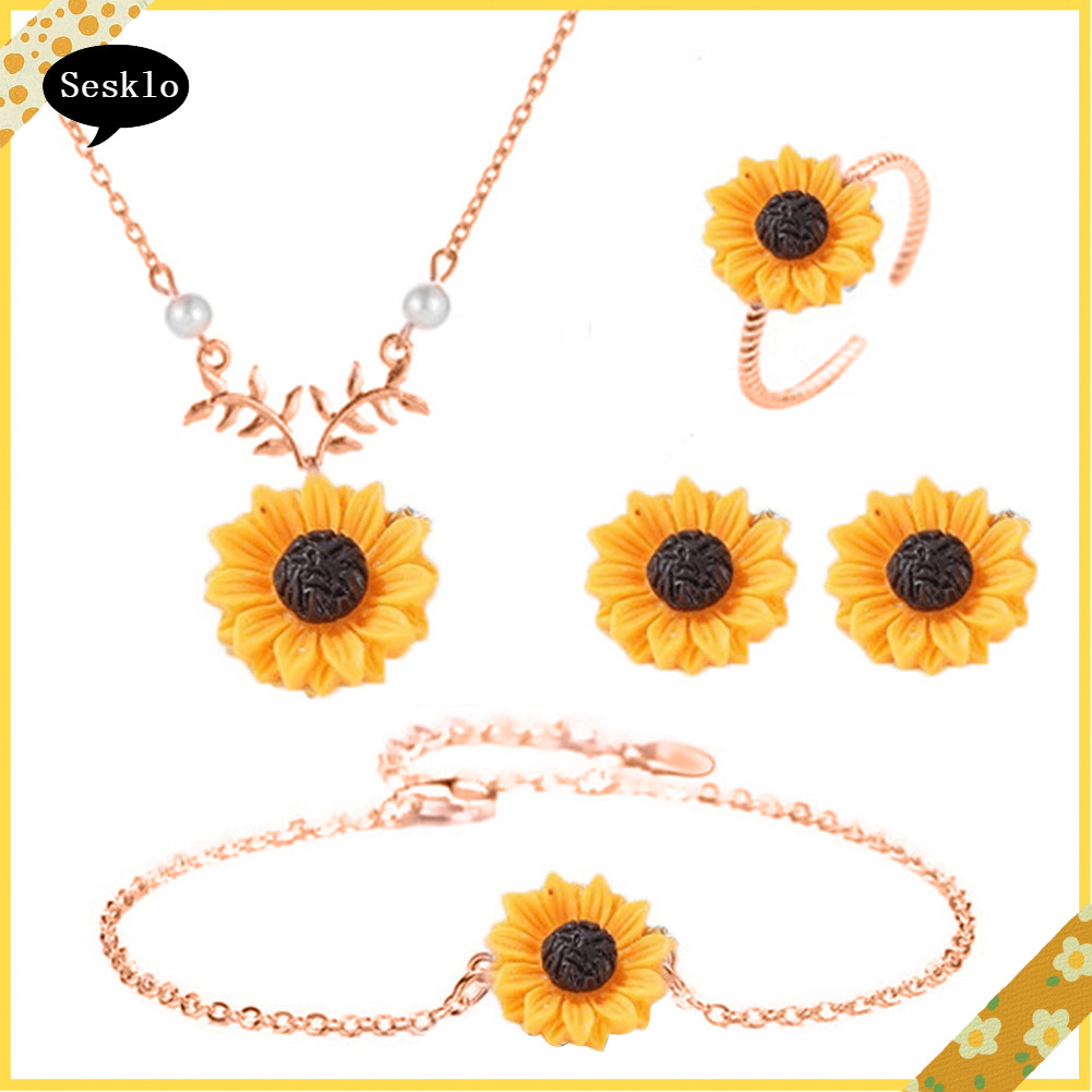 [SK] 3/5 ชิ้น Lady Sunflower Leaf Faux Pearl Charm สร้อยคอต่างหูต่างหูสร้อยข้อมือแหวนชุด