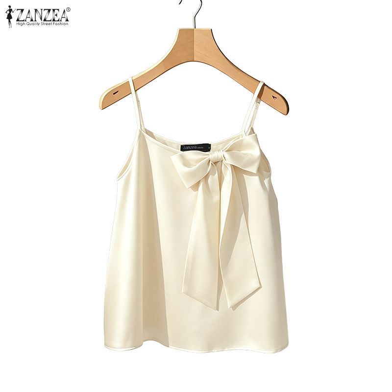 ZANZEA ผู้หญิง Vintage Elegant Luxury Square Collar Bowknot ตกแต่งแขนกุดซาติน Camisole & Tube