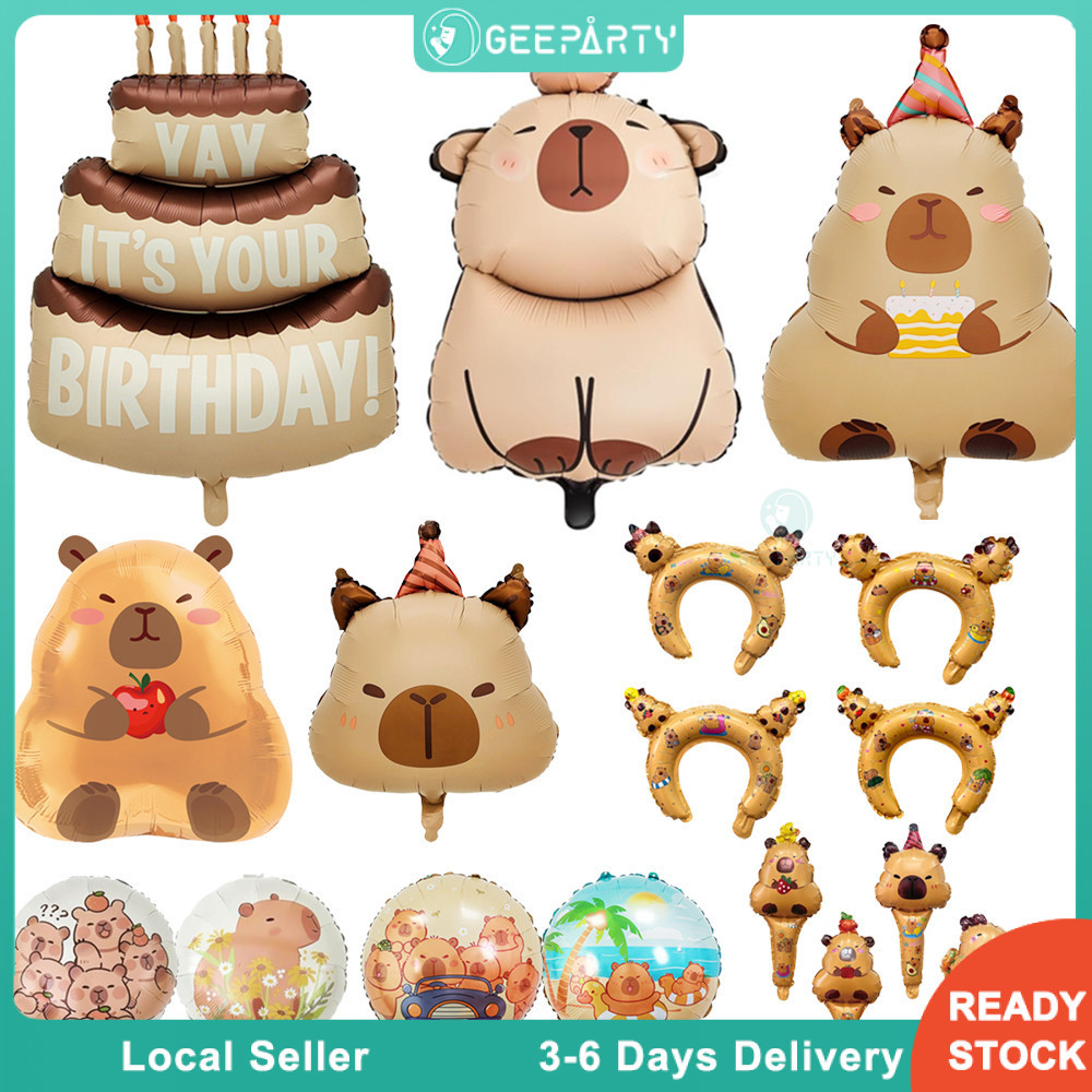 GeeParty ลูกโป่งฟอยล์คาปิบาร่าน่ารักหลายแบบ คาปิบาร่าพร้อมหมวกวันเกิดและเค้ก สำหรับตกแต่งงานวันเกิด