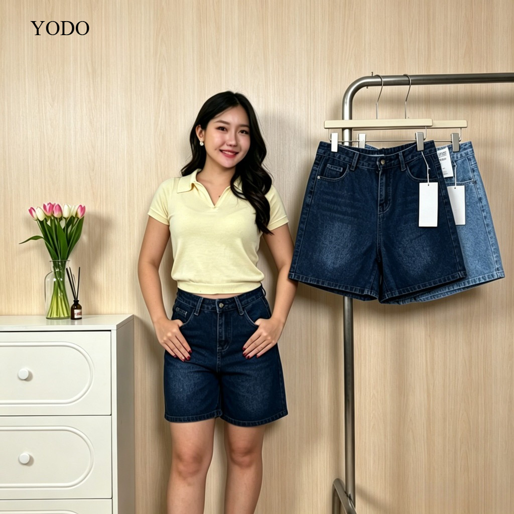 YODO กางเกงยีนส์ขาสั้นผู้หญิงเอวสูง ความยาว 18 นิ้ว ใส่สบายยืดได้ ทรงกระชับซ่อนขาโต สวยทุกไซส์ #6633-6634