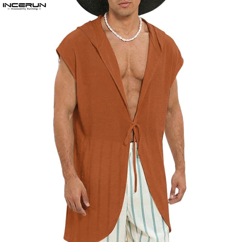 INCERUN Men Vintage Vacation Casual Tie-Up Design Raglan Sleeve Solid Color Midi Hooded Cardigan