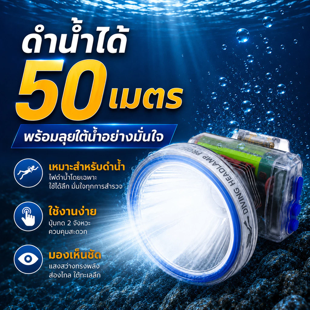 ไฟฉายคาดหัว LED ดำน้ำลึก 50 เมตร ชาร์จได้ thumbnail 7