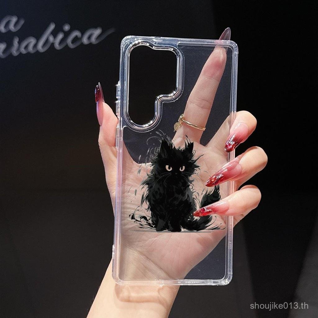 SAMSUNG โลหะใสกล้องเคสโทรศัพท์แมวดํารูปแบบการ์ตูนขายดีสําหรับSamsung A50 A10S A21S A03A04E A16 A22 A