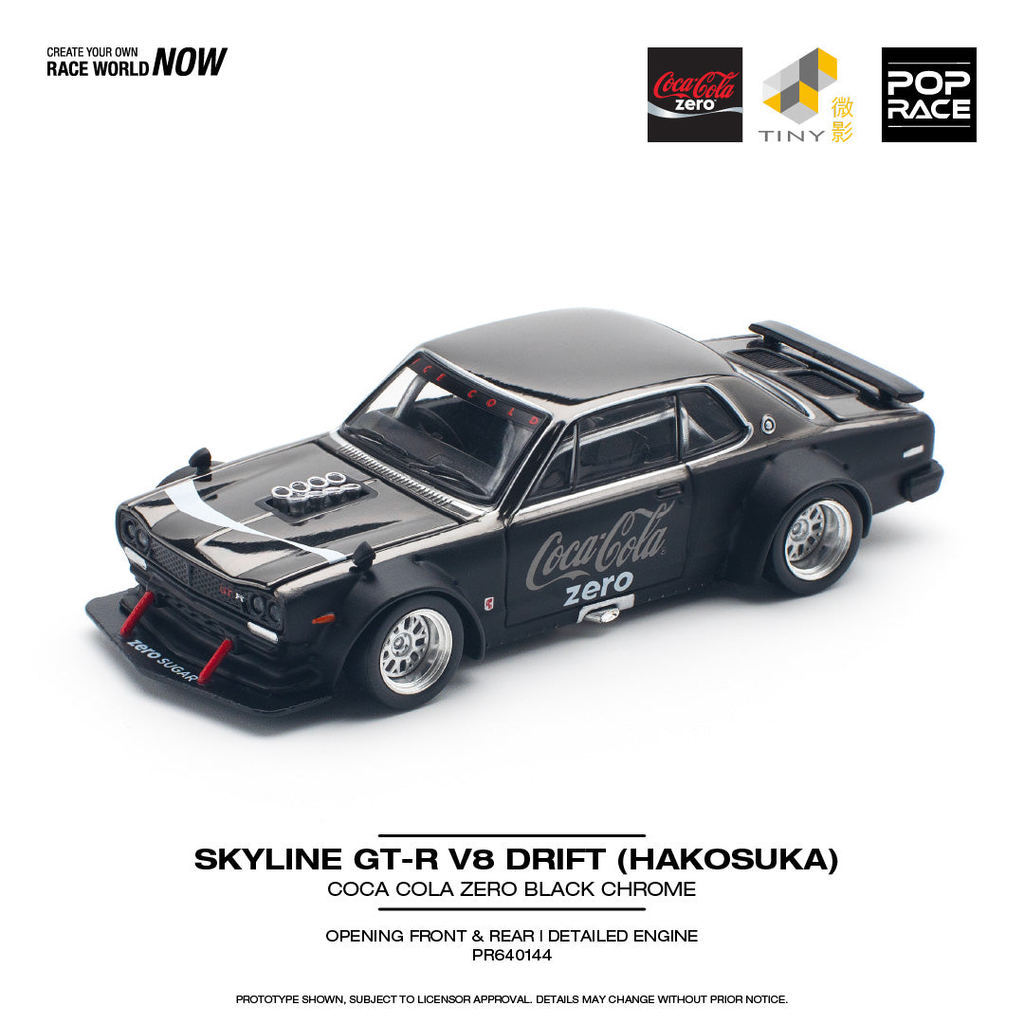 POPRACE 1:64 SKYLINE GT-R V8 DRIFT (HAKOSUKA) COCA COLA ZERO BLACK CHROME PR640144