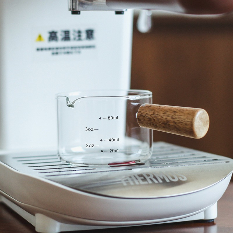 แก้วตวง แก้วตวงกาแฟ แก้วชอต แก้วช็อตกาแฟ Measuring cup สำหรับตวง ชา กาแฟ พร้อมด้ามจับไม้ ทนความร้อน 80ml SDQC