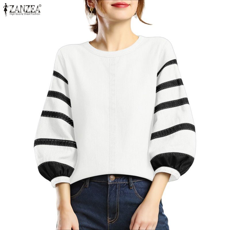 ZANZEA เสื้อเบลาส์แขนยาวเย็บปะต่อลายทางแฟชั่นเกาหลีสําหรับผู้หญิง