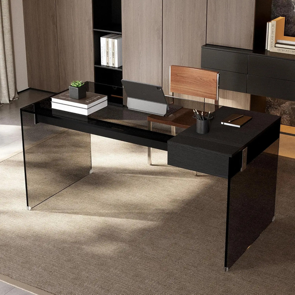 53.14"modern Tempered Glass Executive Desk With Drawer, Black Wood Finish And Tempered Glass Legs–mi