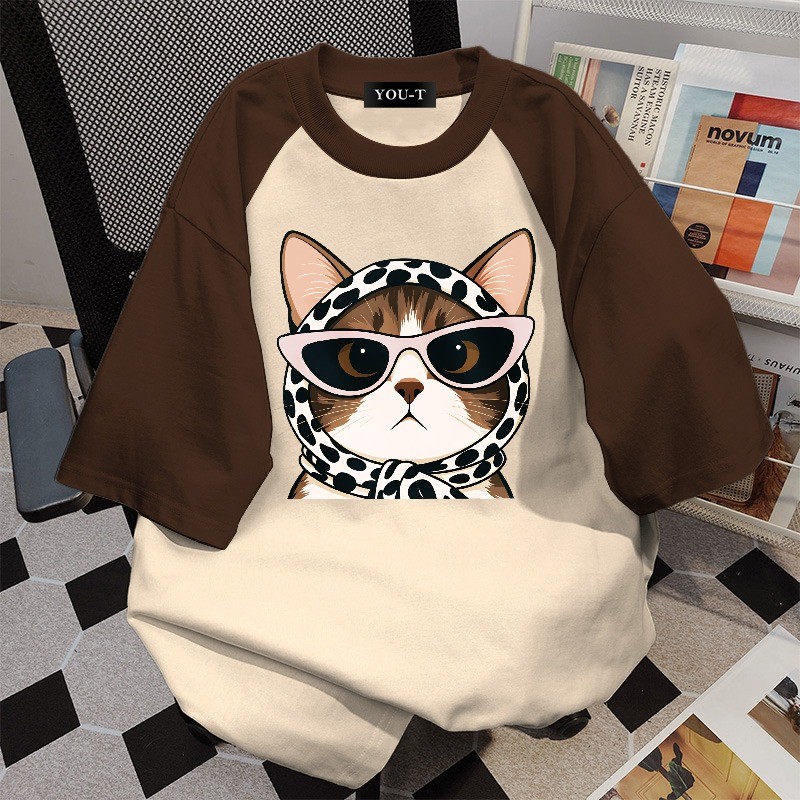 🌷Su.Tee🌷เสื้อสีดํา oversizeการบล็อกสีแบบแร็กแลน ผ้าCotton100% แขนสั้น ใส่สบาย ไม่ต้องรีด ลาย "Cool Cat"【COD】