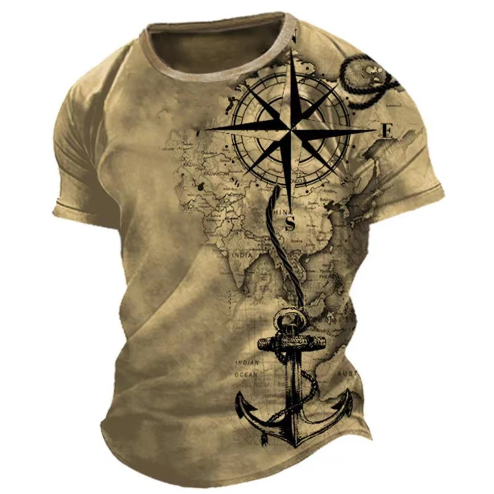 เสื้อยืดวินเทจสำหรับผู้ชาย อเมริกันสไตล์ พิมพ์ลายเข็มทิศ แขนสั้น ใส่สบายทุกวัน สตรีทแวร์