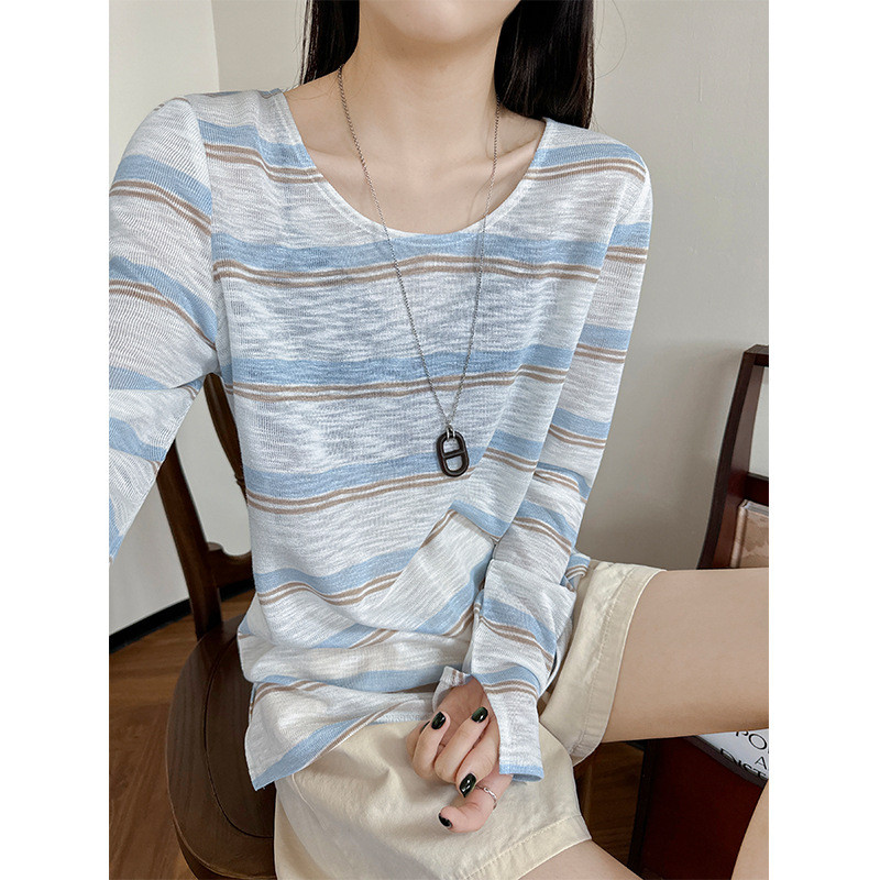 ลายด้านหน้าไหล่รอบคอแขนยาวเสื้อยืดผู้หญิงหลวม Slimmer ดู All-Match Bottoming เสื้อด้านในถักด้านบน 10