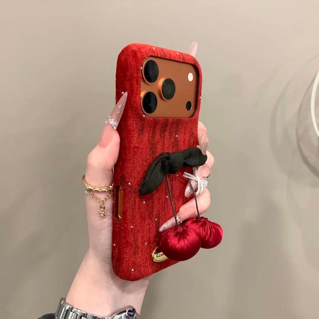 เคสโทรศัพท์มือถือเชอร์รี่สามมิติสีแดงสําหรับ ไอโฟน17 16 15 14 13 มือโปร สูงสุด ป้องกันการกระแทกป้องกันกล้องป้องกันการตกฮาร์ดปกหลัง