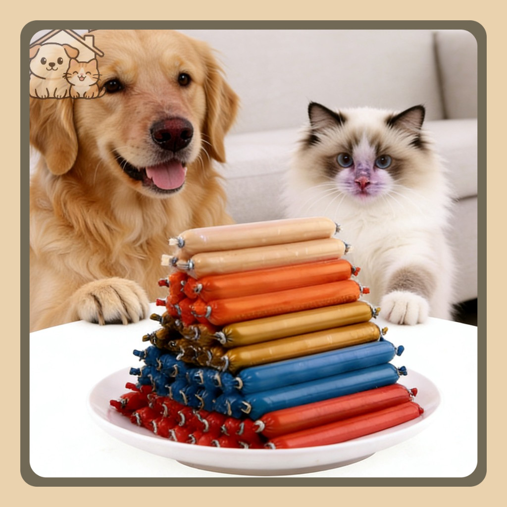 YTLขนมสุนัข ขนมขบเคี้ยวสำหรับสัตว์เลี้ยง ขนมแมว ไส้กรอกแฮม รสเนื้อ รสเป็ด รสปลา ไก่ ปลาแซลมอน