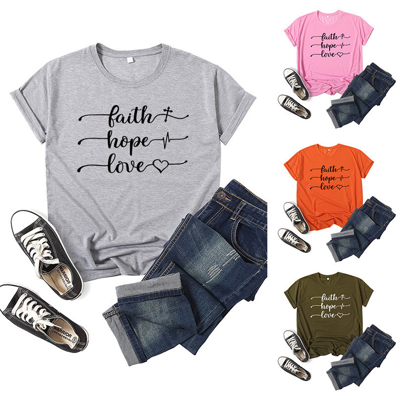 เสื้อยืดแขนสั้นพิมพ์ลาย Faith Hope Love แบบแฟชันใหม่