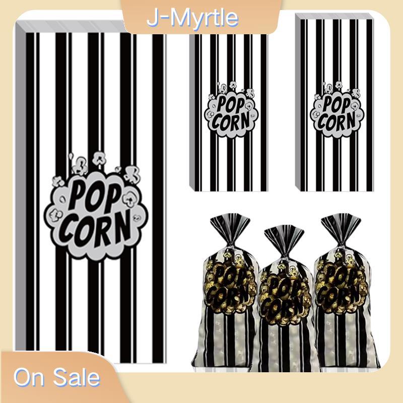 J-Myrtle 20/50/100pcs Popcorn ถุงบรรจุภัณฑ์สีดําสีขาวสีแดงสีขาวลายกระเป๋า Ties แบบพกพาถ้วยอาหารถุงขน
