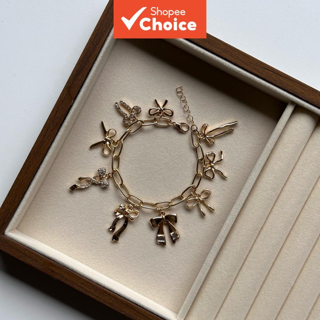 สร้อยข้อมือจี้โบว์หลายพร้อมโซ่ข้าม Dainty Minimalist เครื่องประดับของขวัญสําหรับเธอ