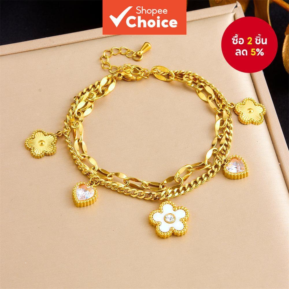 สร้อยข้อมือสแตนเลสผู้หญิงลายดอกไม้หัวใจสองชั้นโซ่สีทอง เหมาะสําหรับการสวมใส่ประจําวันและงานสังสรรค์ ของขวัญที่สง่างามและโรแมนติก