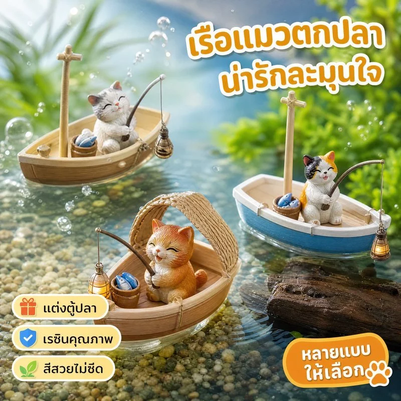 ของตกแต่งตู้ปลา แมวตกปลา เรือเรซิน ตุ๊กตาตู้ปลา แต่งอ่างปลา สไตล์น่ารัก มินิ วินเทจ