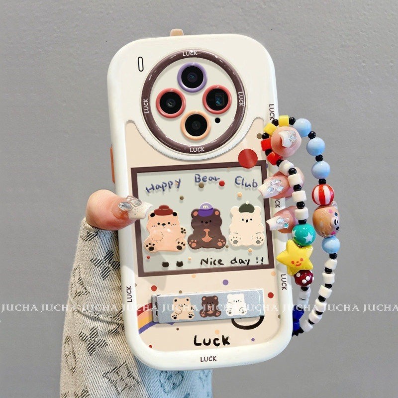 สําหรับ VIVO X300 Pro X200 X100s ซิลิโคนการ์ตูนหมีกันกระแทกเคสโทรศัพท์เลนส์เต็มพร้อมวงเล็บเชือกเส้นเล็ก