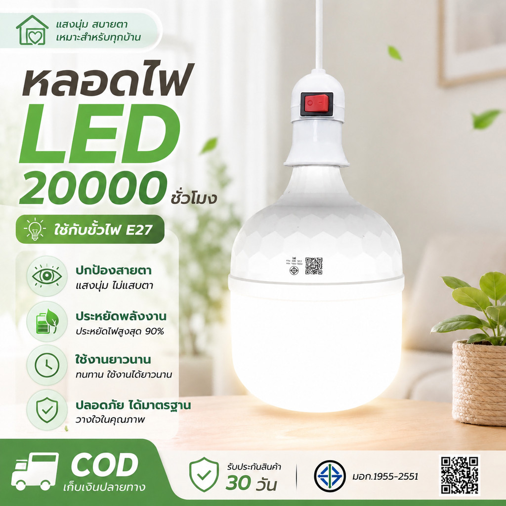 （แถม ขั้ว5m)ร้านค้าหลอดไฟ LEDเสาหลอดไฟบางเฉียบ E27 หลอดไฟ E27 358W 48W 68W 88W 135W 165W หลอดไฟ LED 