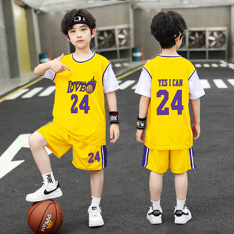 ชุดเสื้อบาสเก็ตบอลสองชิ้นปลอมสําหรับเด็ก เลขที่.24 ไม่จํากัดเพศ โรงเรียนอนุบาลระดับประถมศึกษาชุดฝึกซ้อมประสิทธิภาพ